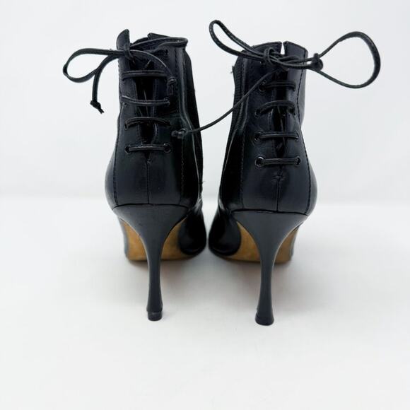 Manolo Blahnik Black Leather Pointy Toe Stiletto Booties Size 39.5 Back Lace Up - Picture 4 of 10